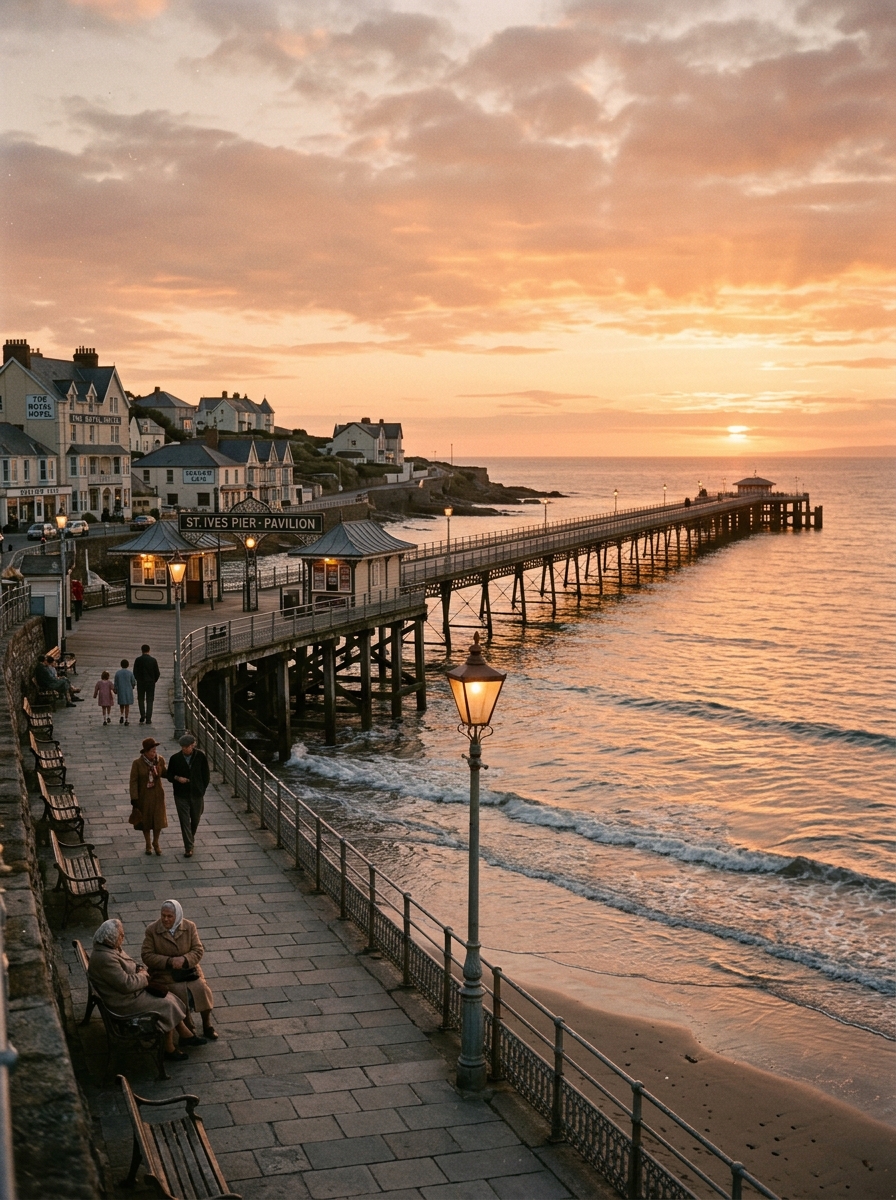 Historic coastal promenade with people experiencing changing times